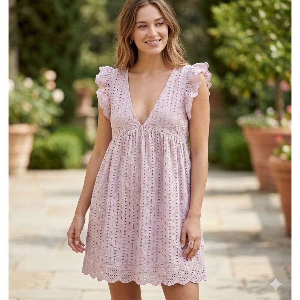 Lavender Eyelet Dress Romper Women’s M Scalloped Hem Boho Cottagecore Tie Waist